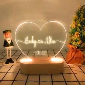 Personalized Heart Name and Date Night Light Lamp, Custom Acrylic Plaque, Wedding Gift, Gift for Her
